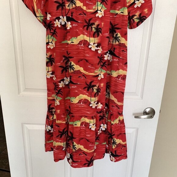 Vintage Hawaiian Togs Red Mumu Dress Large Palm Trees Hibiscus - Picture 13 of 15